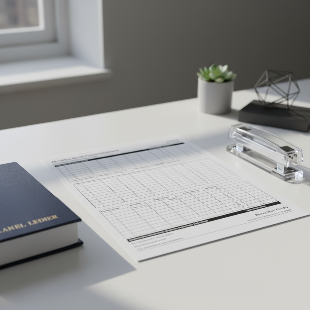 An office desk with a book, a monthly expense planner, and other objects on it.