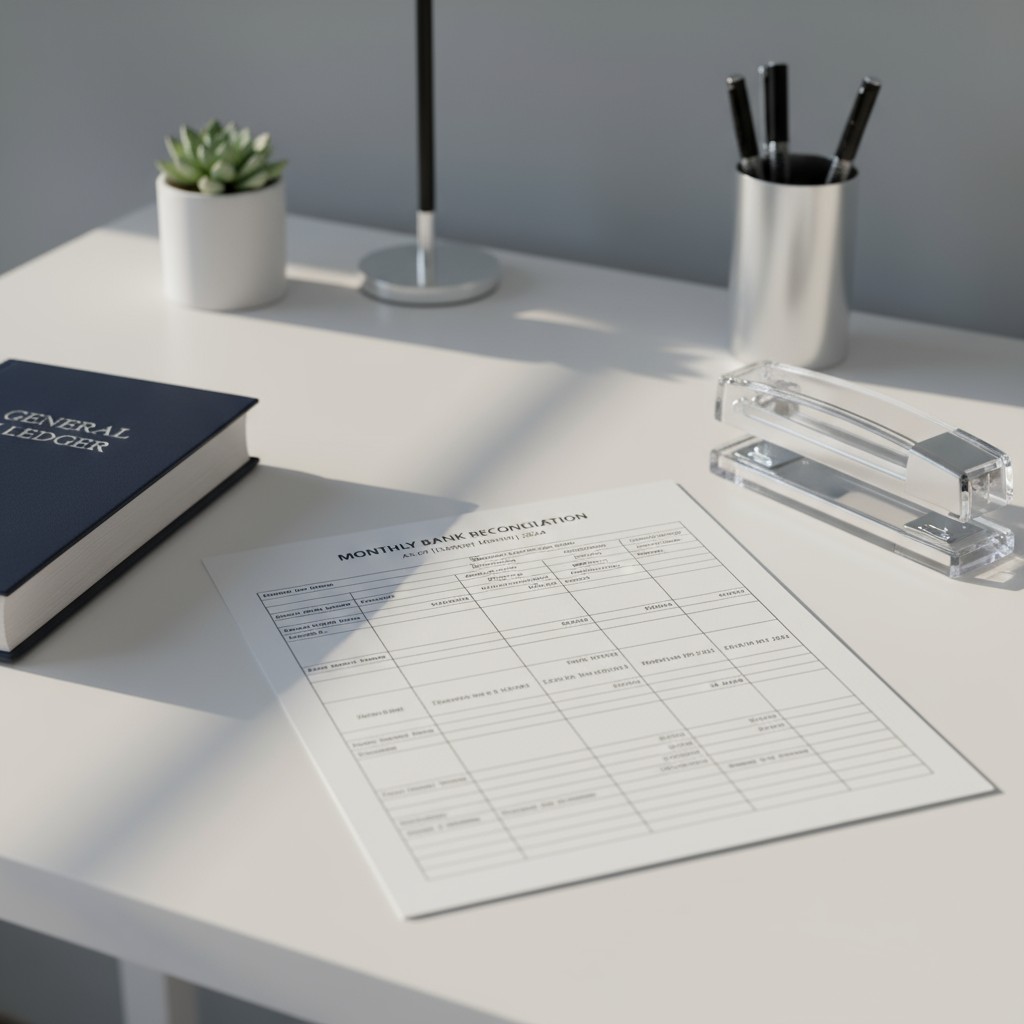 monthly bank reconciliation form on a white desk.